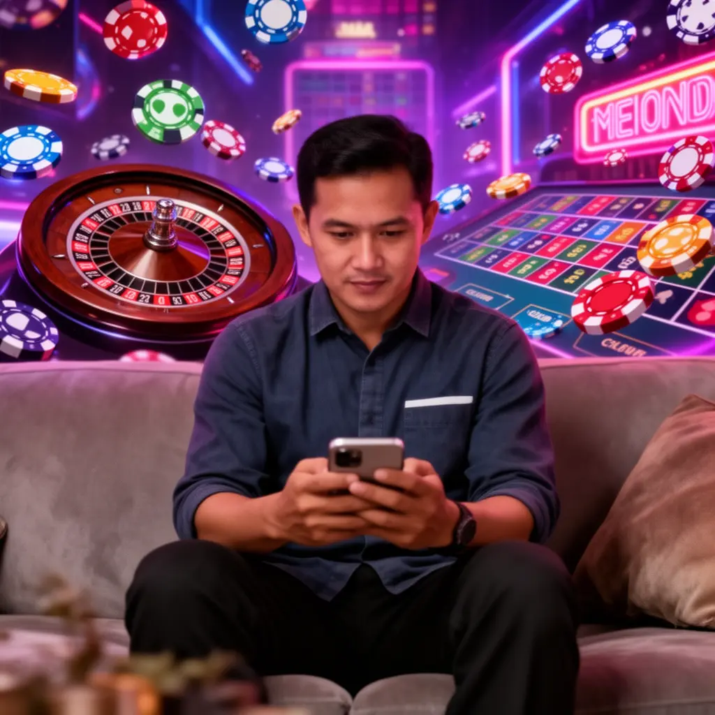 Elegant Malaysian player relaxing on a sofa while using the MR888 casino app surrounded by glowing roulette wheels poker chips and neon casino symbols