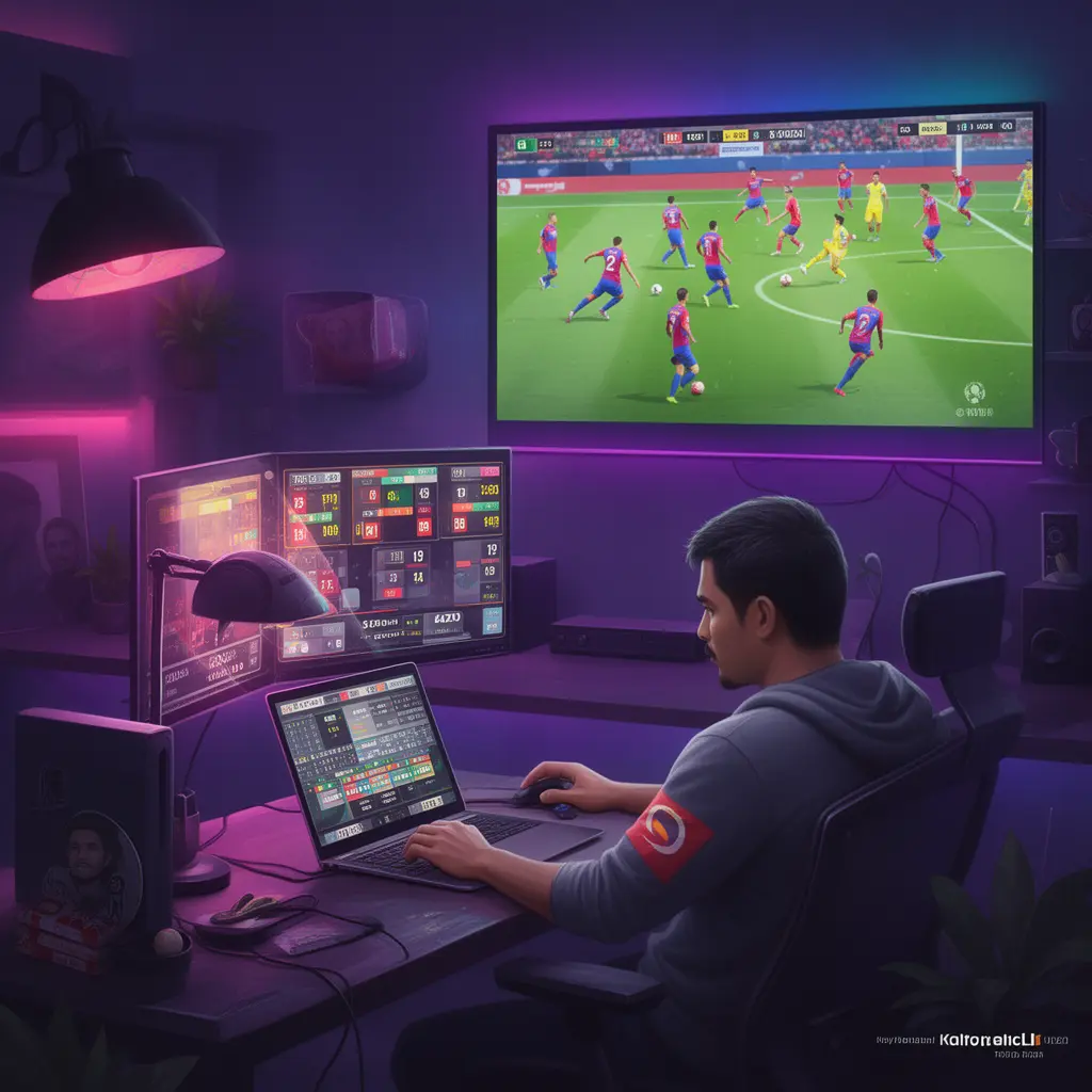 Focused Malaysian player placing live football bets on a laptop at MR888 while watching an intense match on TV with dynamic lighting