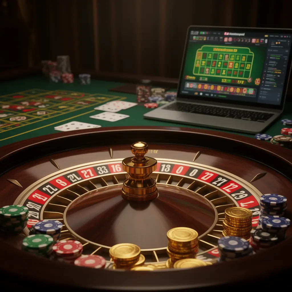 Close-up view of a modern online roulette interface on a laptop with betting chips and casino symbols highlighting live casino gameplay on MR888 Malaysia