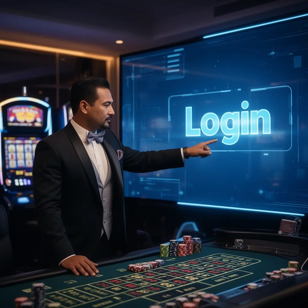 Professional Malaysian casino dealer pointing at a glowing login screen inside a modern casino atmosphere representing MR888 user access