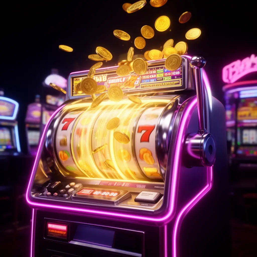 Premium slot machine with triple sevens and flying gold coins representing high reward slot gaming at MR888 for players in Malaysia